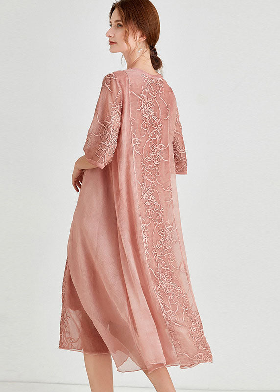 Pink Embroideried Patchwork Chiffon Dress Half Sleeve