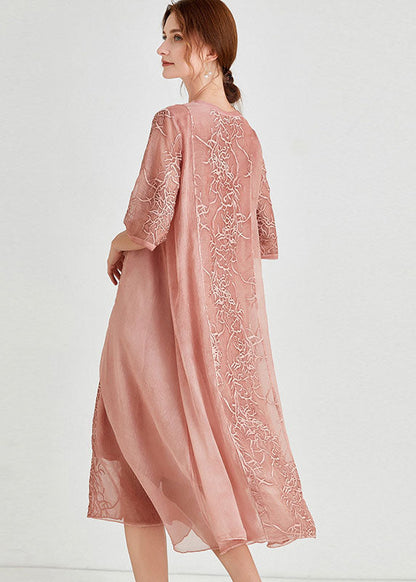 Pink Embroideried Patchwork Chiffon Dress Half Sleeve