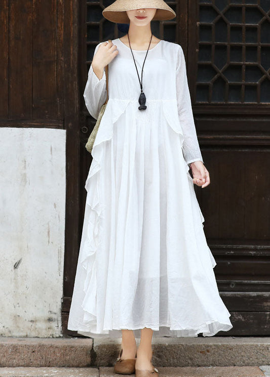 French White O-neck Ruffled Cotton Party Dress Long Sleeve