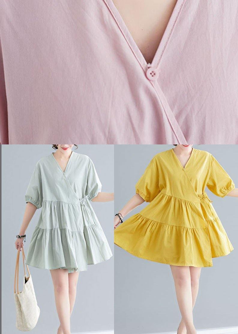 Pink V Neck Cinched Ankle Summer Cotton Dress