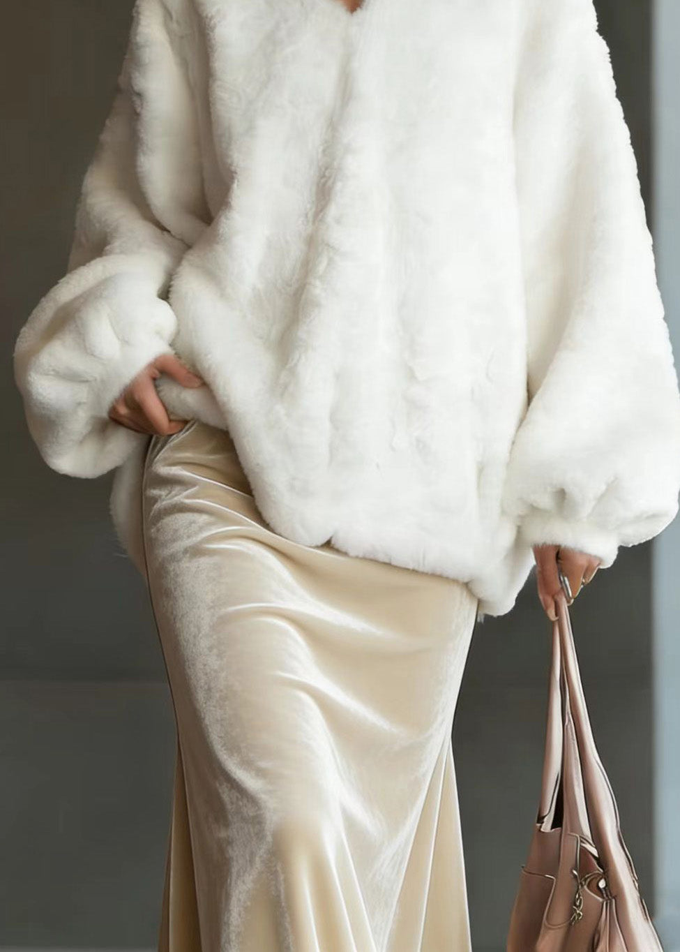 Beige V Neck Fuzzy Fur Fluffy Tops Lantern Sleeve