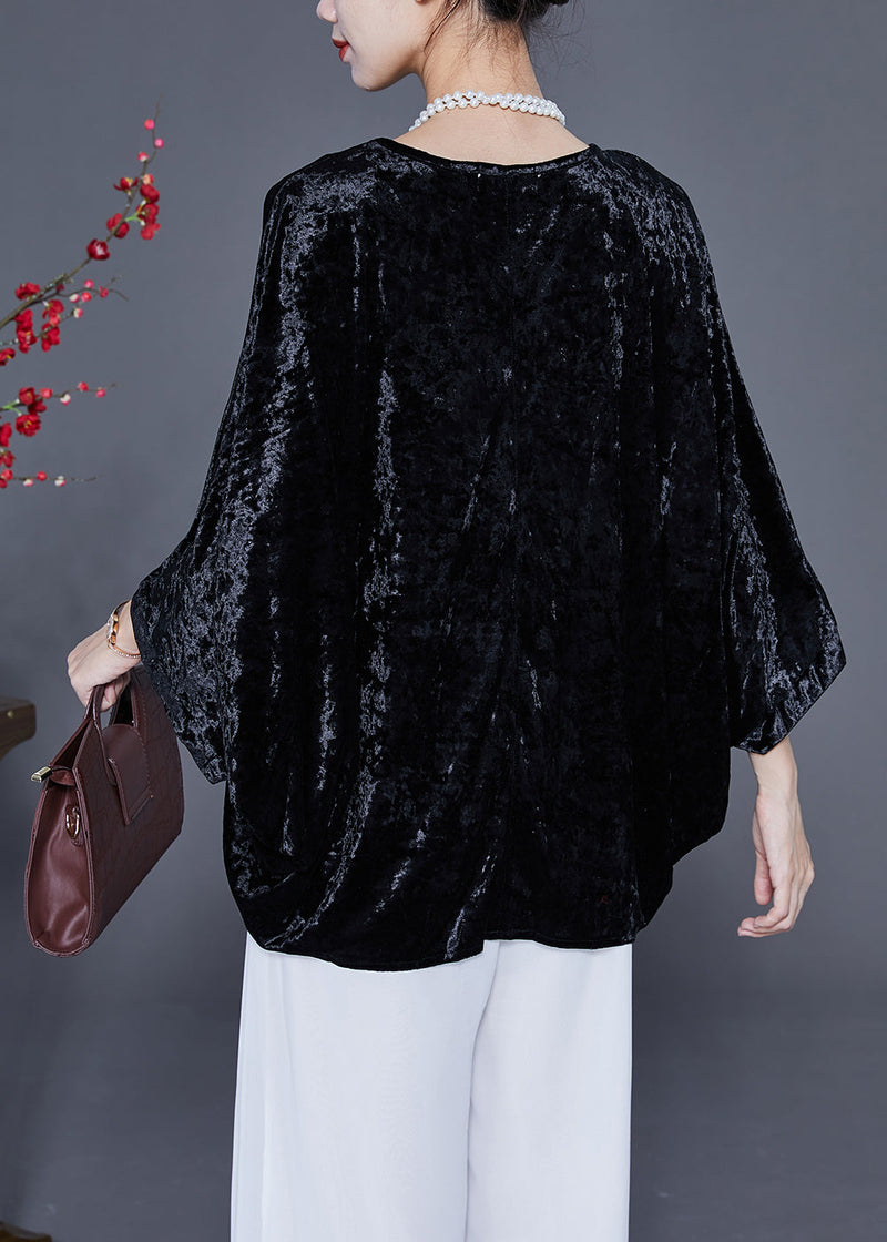 French Black O-neck Oversized Silk Velour Shirt Tops Batwing Sleeve