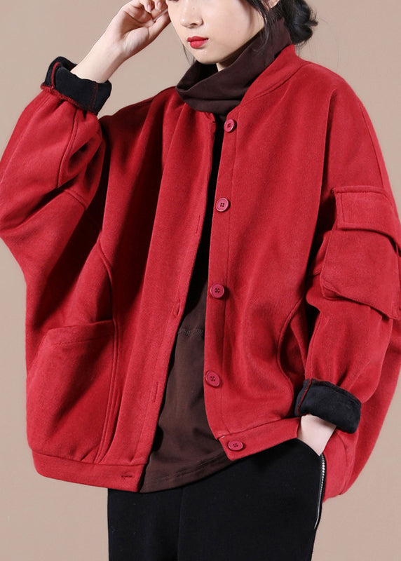 Red Stand Collar Pockets Warm Fleece Jacket Winter