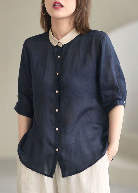 Navy Peter Pan Collar Button Loose Fall Half Sleeve Shirt Tops