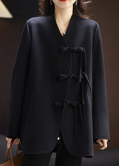 Black Chinese Button Wool Coats Spring