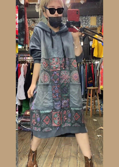 Orange Hooded Print Long Dresses Spring Cotton Dress