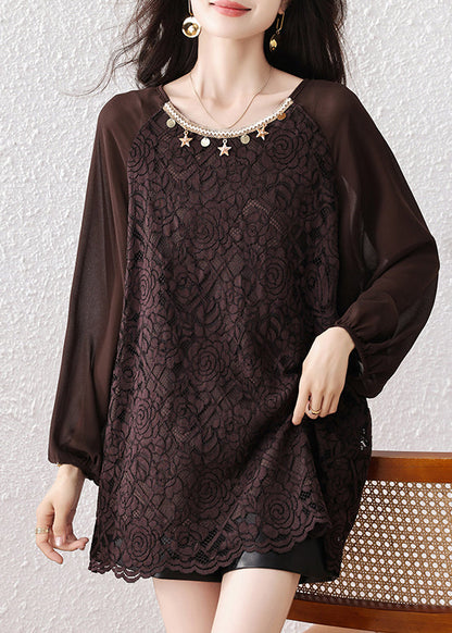 Chocolate Oversized Star Decorated Lace Shirt Tops Fall