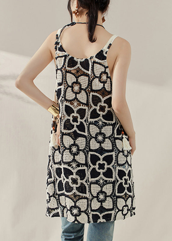 Style Black Embroidered Hollow Out Mid Spaghetti Strap Dress Summer