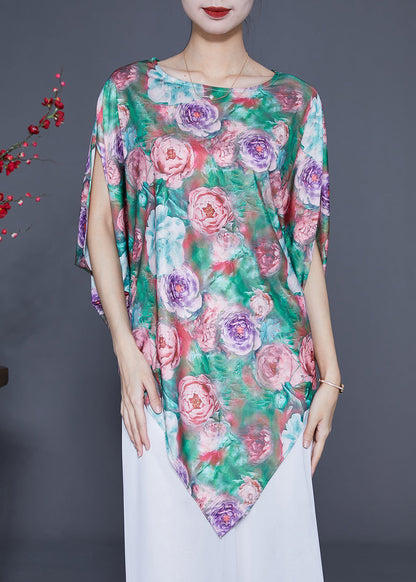 Unique Green Asymmetrical Print Silk Tank Batwing Sleeve