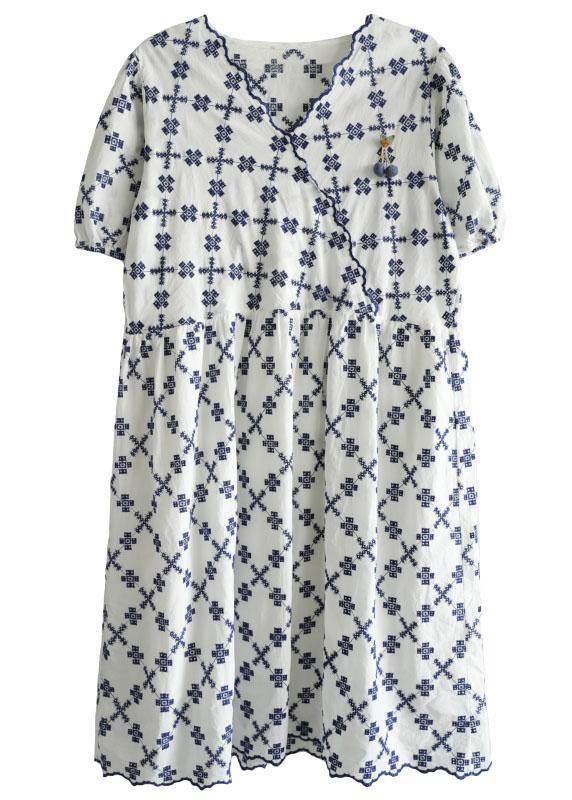 White V Neck Embroideried Summer Cotton Mid Dress Short Sleeve
