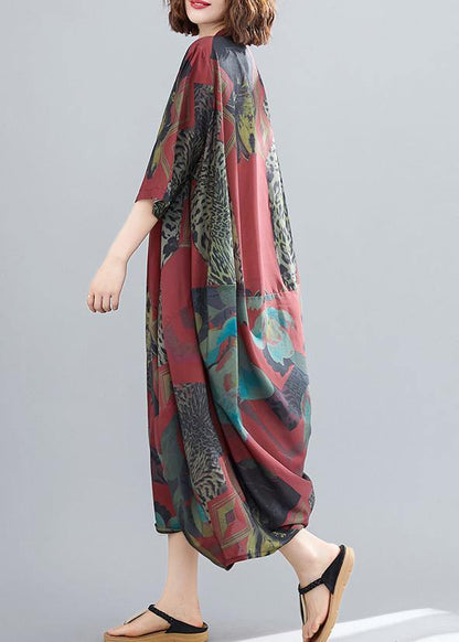 Red Abstract Pattern Tunic Stand Collar Maxi Summer Dresses