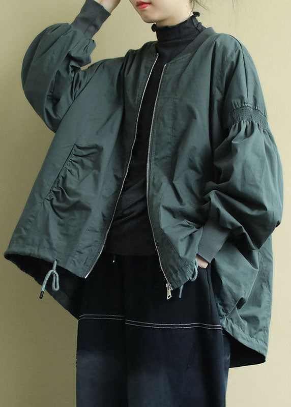 Green Zippered Pockets Low High Design Fall Coat Long Sleeve