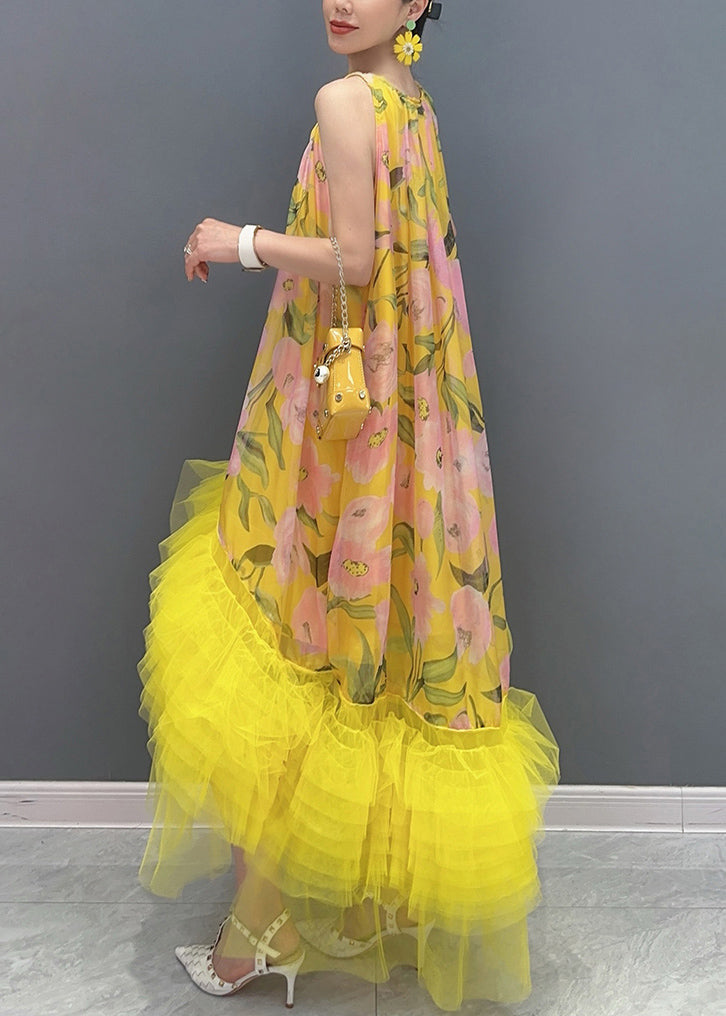 Yellow Print Tulle Patchwork Long Dress Sleeveless