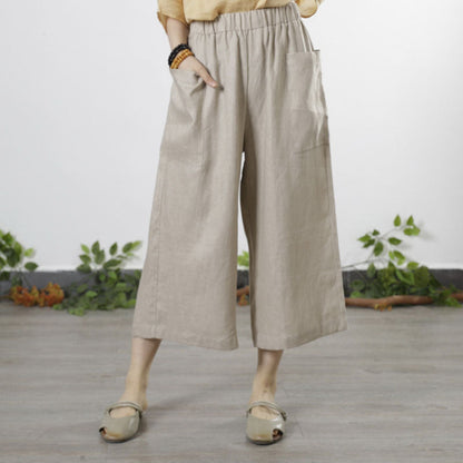 Natural Red Pockets Fall Wide Leg Linen Pants
