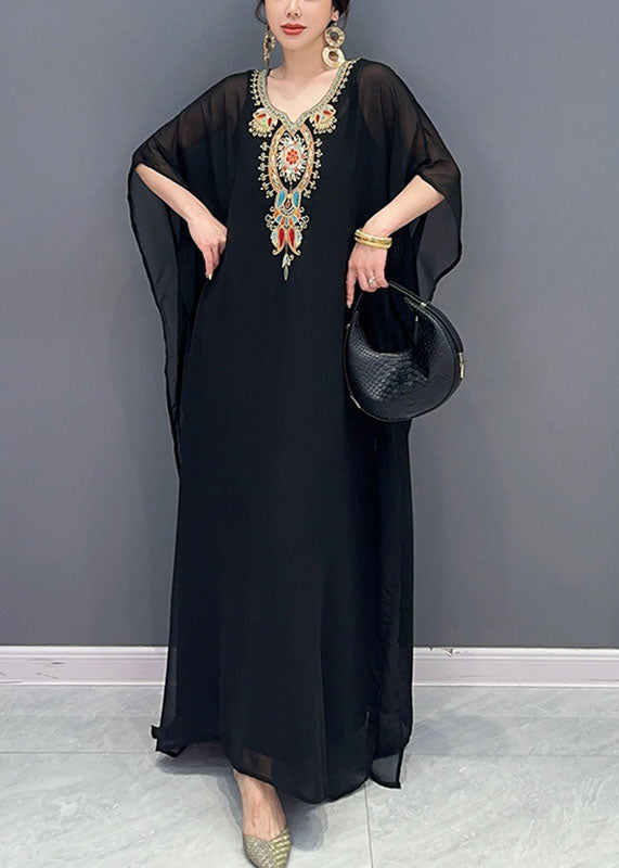 Black V Neck Embroideried Patchwork Tulle Maxi Dresses Long Sleeve
