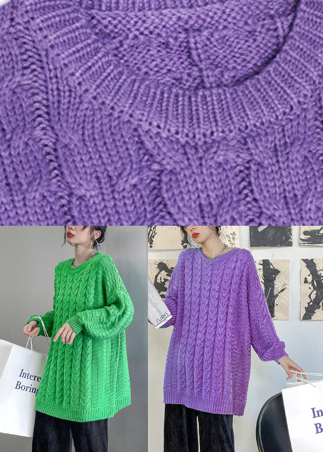 Purple O-neck Cable Knit Sweaters Loose Fall Sweater