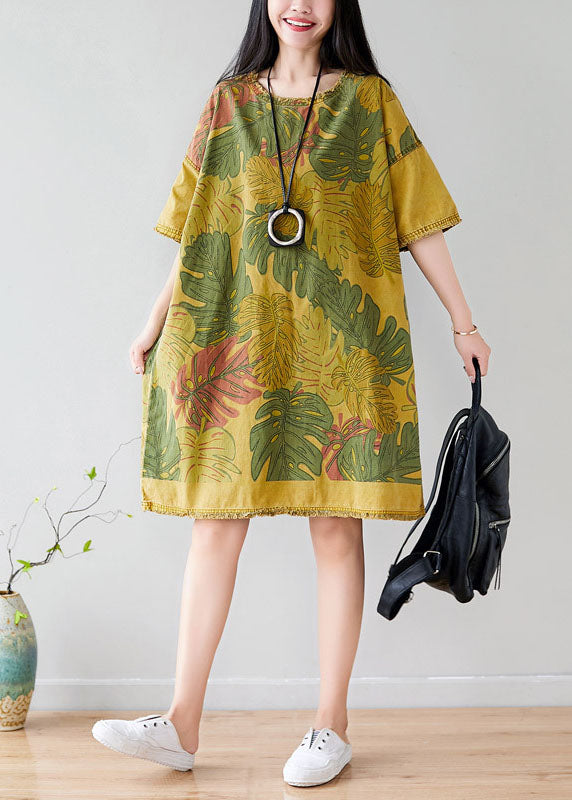 French Yellow O-neck Oversized Print Cotton Vacation Dresses Short Sleeve