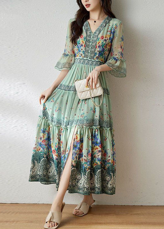 Light Green V Neck Wrinkled Patchwork Print Silk Dresses Summer