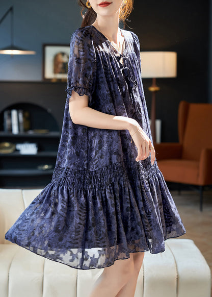 Navy V Neck Print Patchwork Chiffon Dress Summer