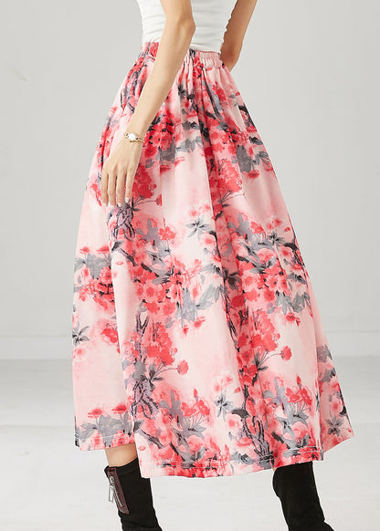 Pink Plum Blossom Print Cotton a Line Skirts Spring