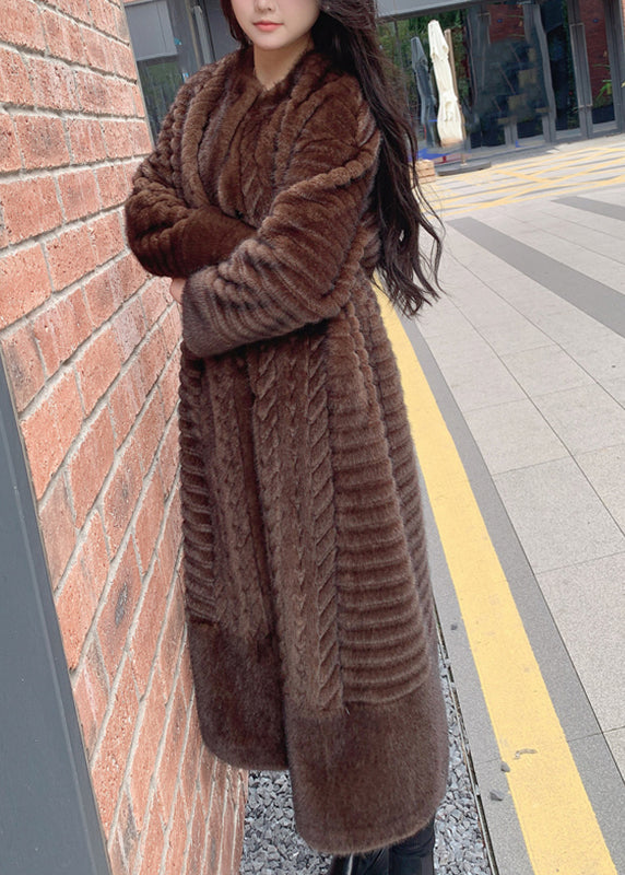 Coffee O-neck Pockets Print Leather and Fur Long Coats Winter