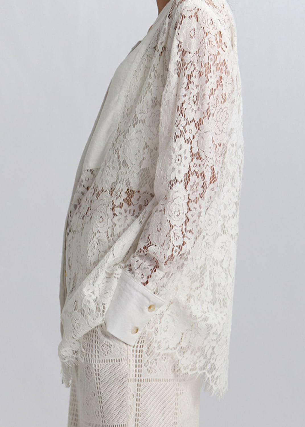 White Button Hollow Out Lace Blouses Spring