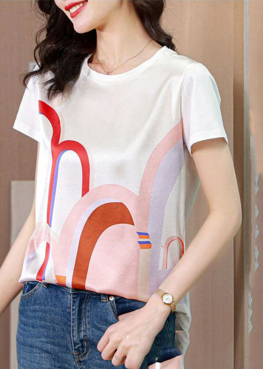 White O-neck Original Design Print Silk Tops Summer
