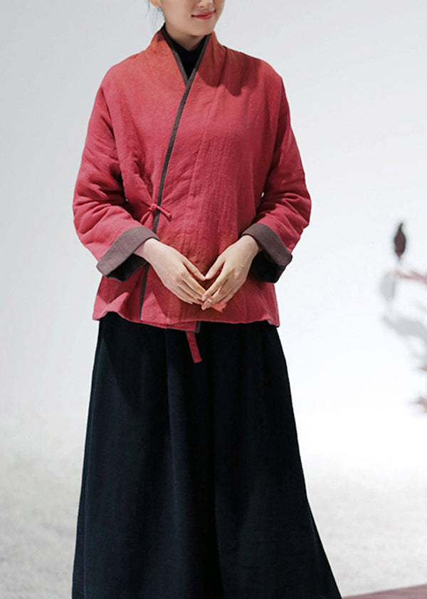 Red V Neck Patchwork Fine Cotton Filled Coats Winter