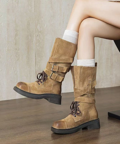 Coffee Suede Lace Up Splicing Chunky Boots