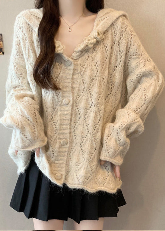 Beige Button Cozy Knit Cardigan Tops Hollow Out