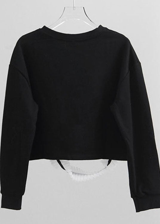 Handmade Black O-neck Tulle Patchwork Warm Fleece Pullover Street Wear Spring