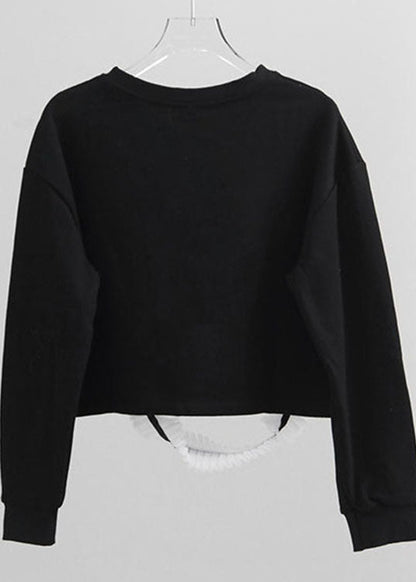 Handmade Black O-neck Tulle Patchwork Warm Fleece Pullover Street Wear Spring