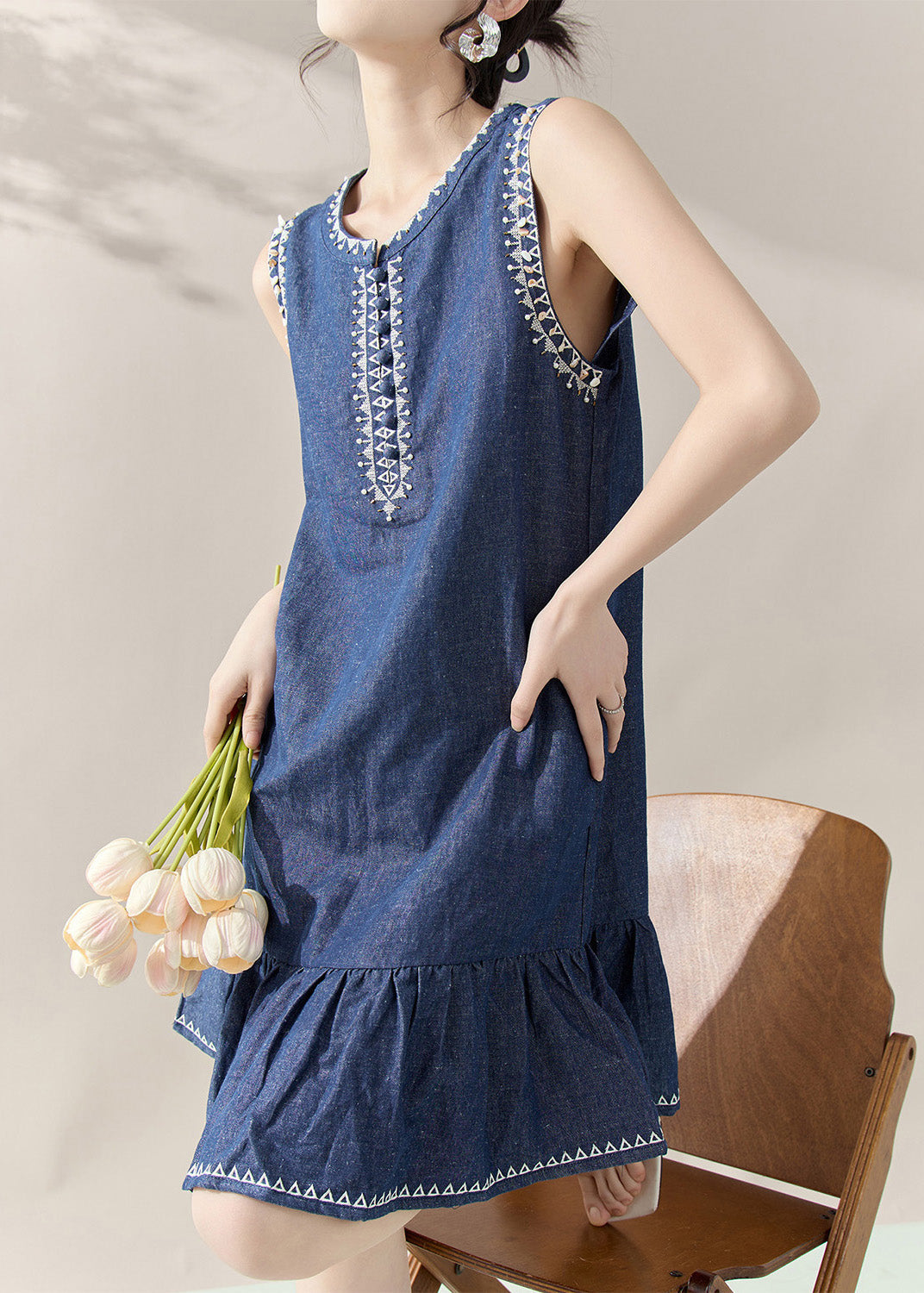 Blue Print Patchwork Denim Mid Dresses Sleeveless