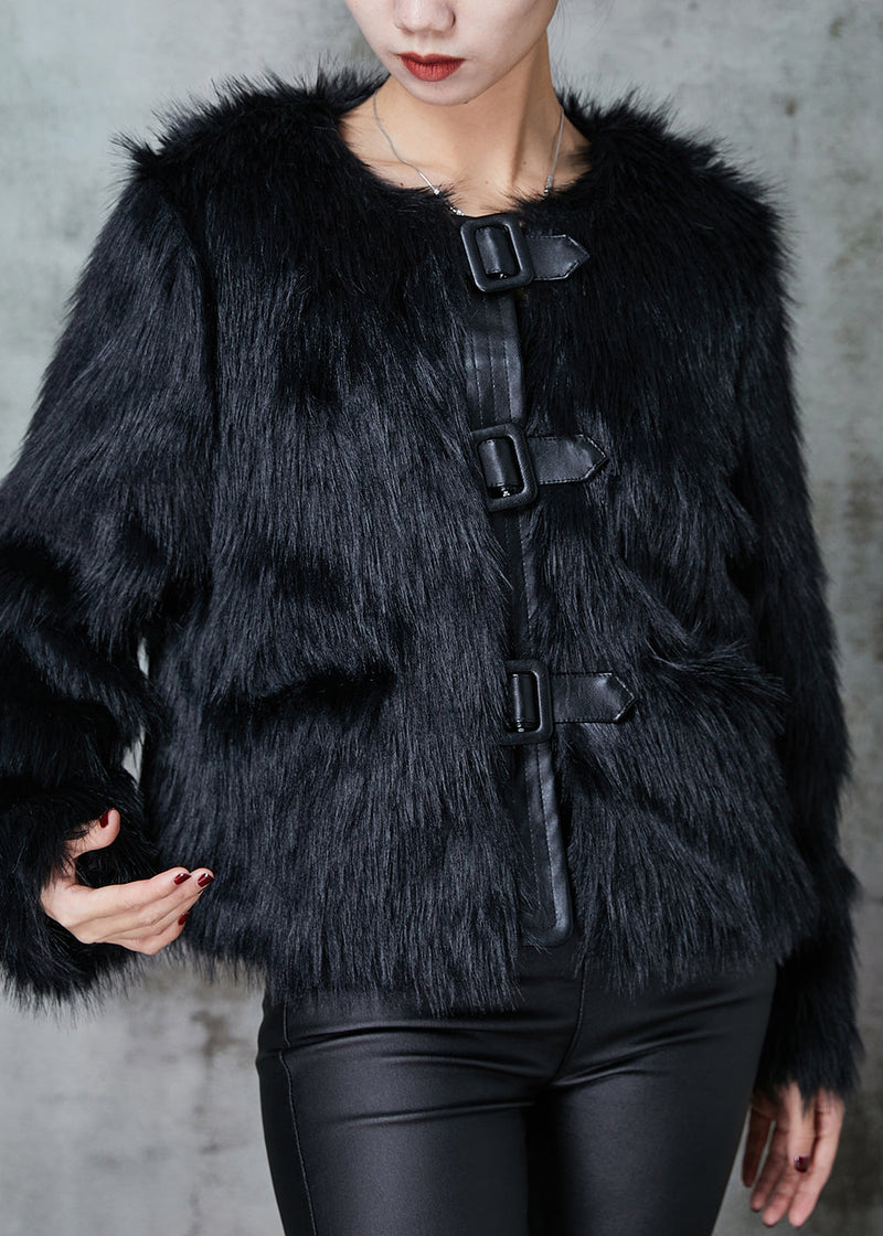 Black Patchwork Faux Fur Coat O-neck Winter