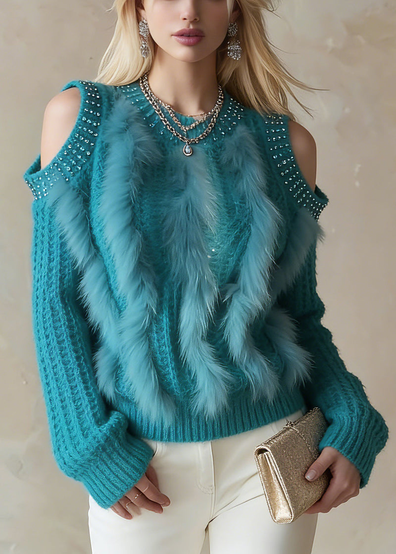 Unique Blue Zircon O-neck Cold Shoulder Cotton Knit Sweaters Lantern Sleeve