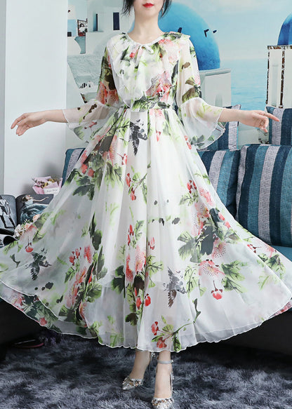 White O-neck Bow Print Ruffled Chiffon Long Beach Dresses Long Sleeve