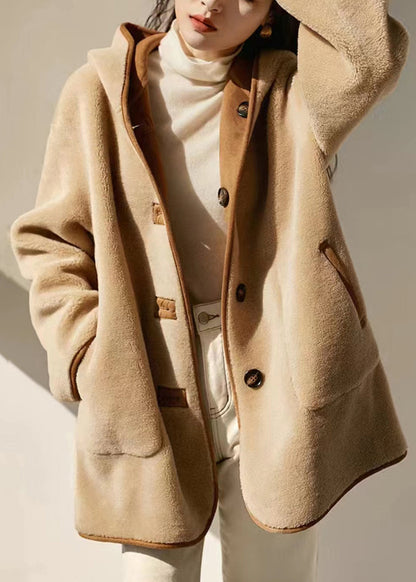 Loose Camel Hooded Pockets Patchwork Wear on Both Sides Woolen Coats Winter