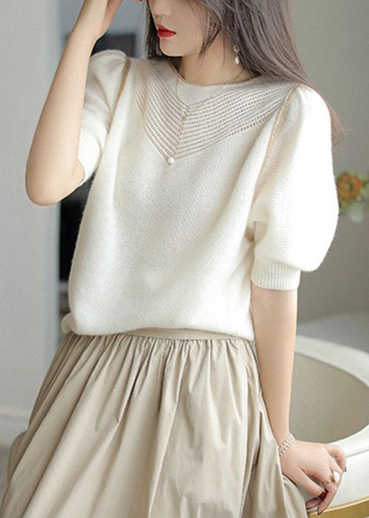 White O-neck Hollow Out Wool Sweaters Puff Sleeve