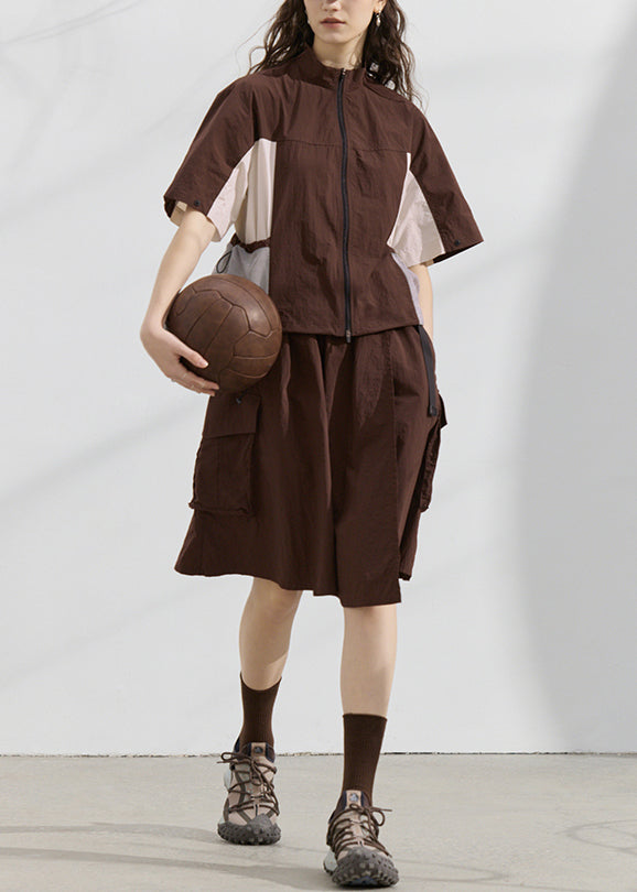 Zip Up Patchwork Tops and Skirts Cotton Two Pieces Set Summer