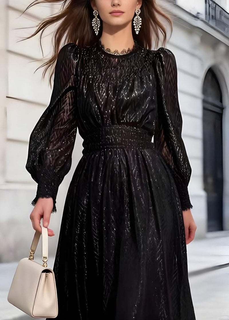 French Black Shiny Thread Lace Patchwork Chiffon Two Pieces Set Fall