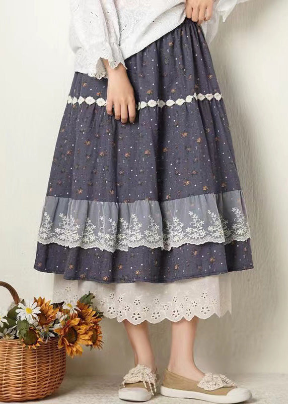 Navy Print Lace Elastic Waist Cotton Skirt Spring