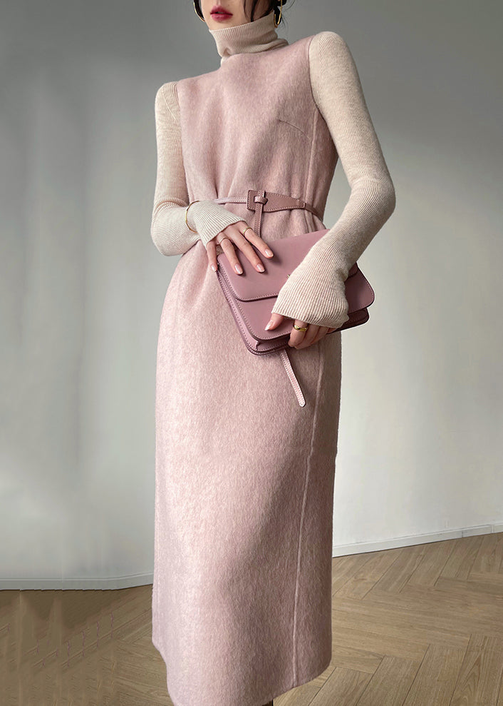 Pink O-neck Pockets Patchwork Wool Two Piece Suit Set Fall