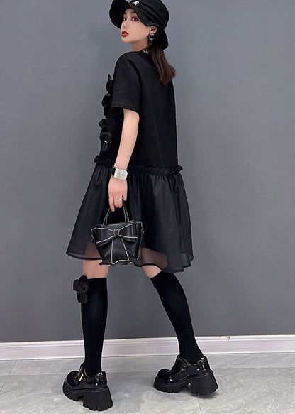 Italian Black Ruffled Tulle Patchwork Cotton Mid Dress Short Sleeve