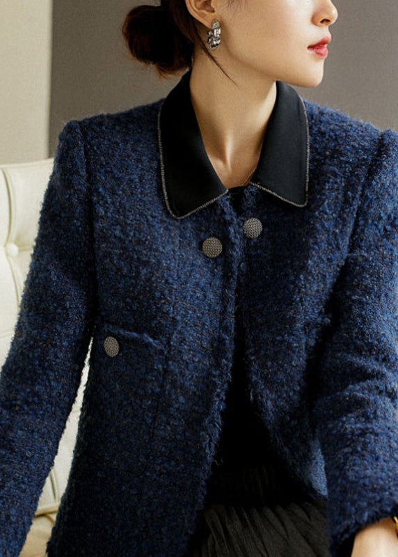 Blue V Neck Button Pockets Ma Hai Mao Coat Long Sleeve