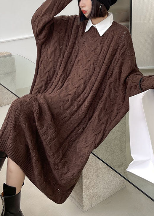 Classy Coffee O-neck Jacquard Fall Sweater Dress