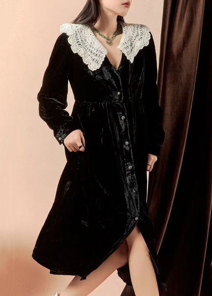 Italian Black Button Patchwork Silk Velour Shirts Dress Winter