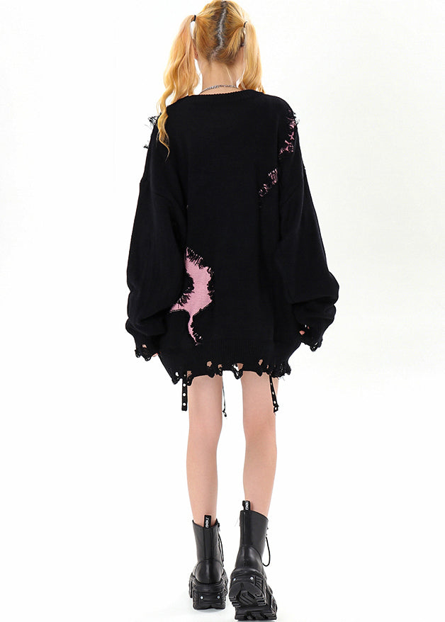 Diy Black Oversized Patchwork Ripped Sweater Winter
