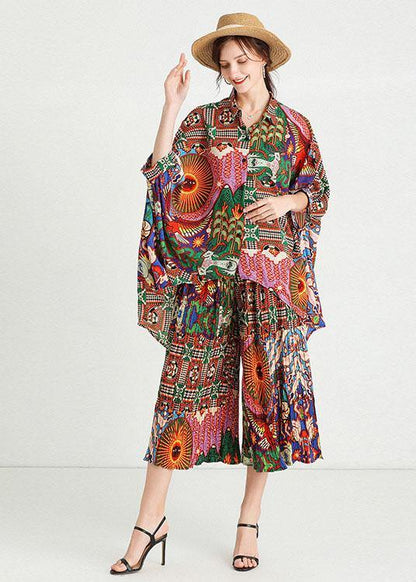 Print Animal Peter Pan Collar Button Fall Two Pieces Set Half Sleeve