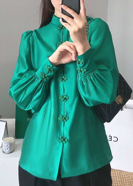 Green Stand Collar Chinese Button Silk Blouse Top Long Sleeve
