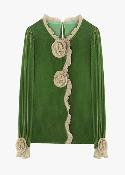 Boutique Green Ruffled Velour Blouse Tops Fall